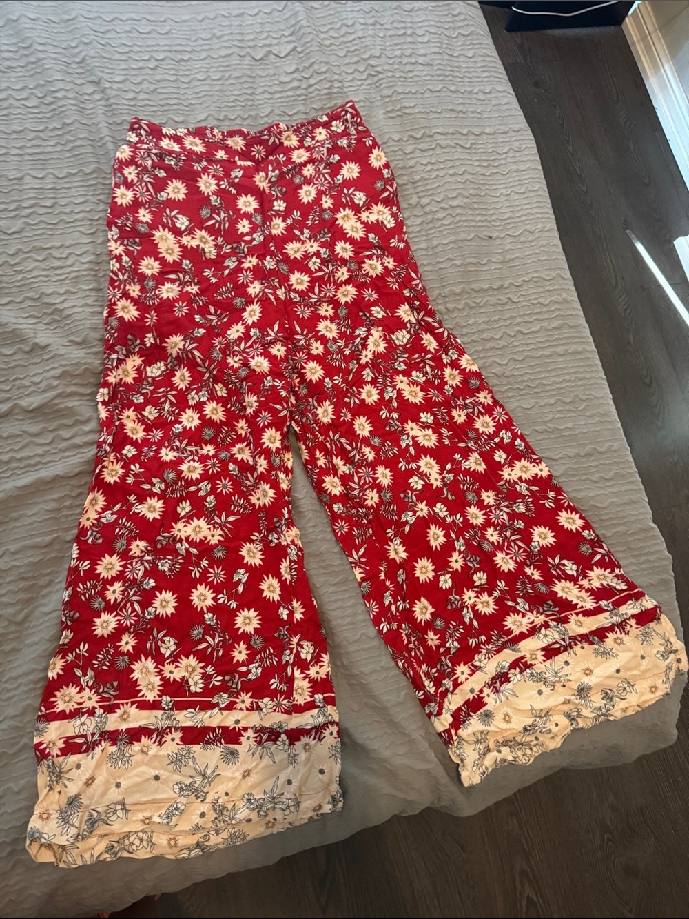 Red Floral Wide-Leg Kids Pants